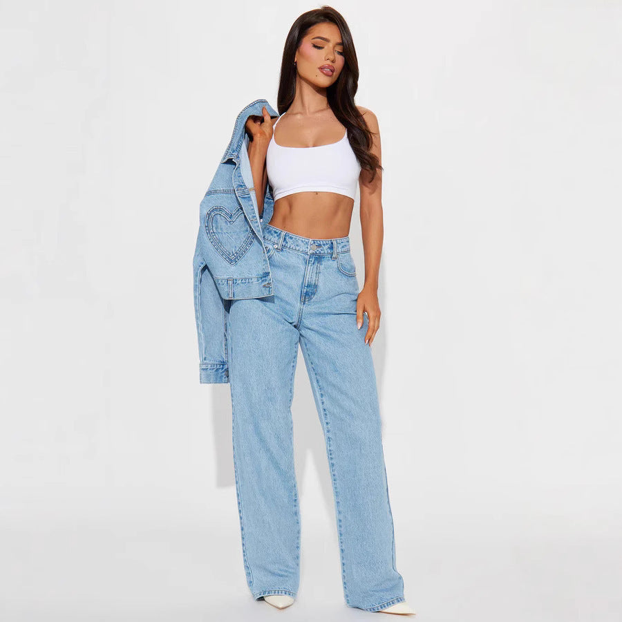 Jeans en coton taille haute coupe droite amincissant ample avec poche cœur