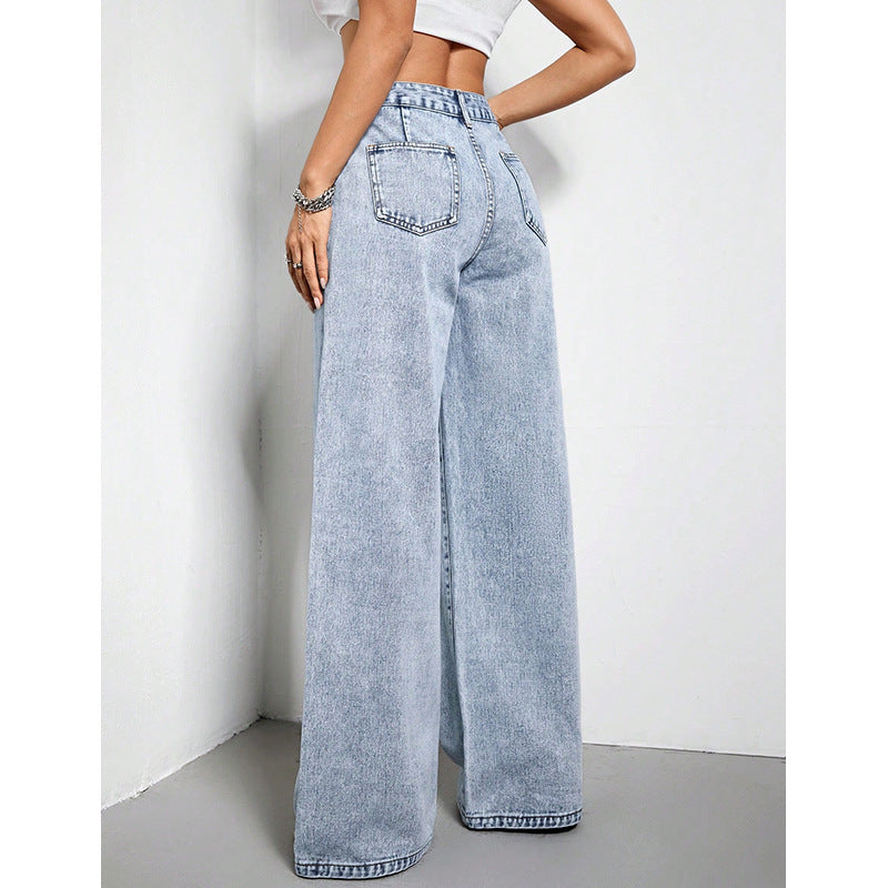 Women's Wide Leg Loose Blue Denim Trousers