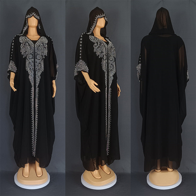 Rhinestone Beaded Muslim Hooded Long Gown Dress