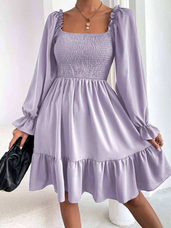Robe trapèze évasée à manches longues, col carré et volants pour femme