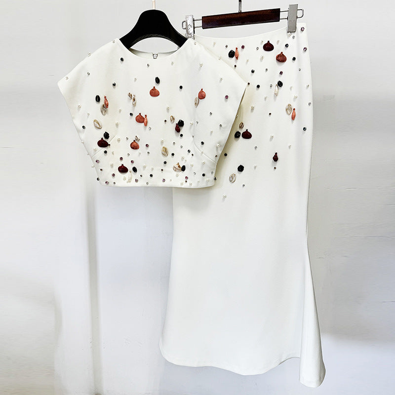 Apricot Rhinestone Shell Beads Short Top Suit for Women