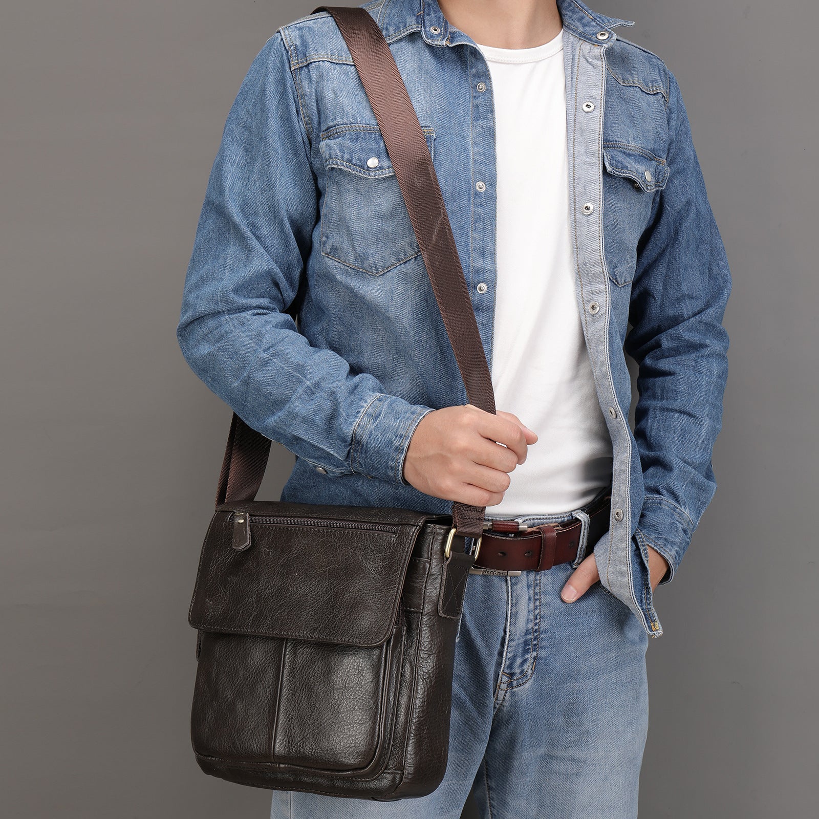 Sac à bandoulière vertical en cuir pour homme, style européen et américain