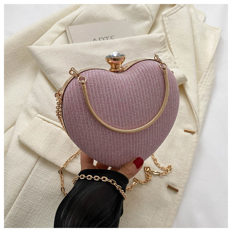 Women Bag Shiny Handbag Heart Shape Metal Clutches Bag Fashion