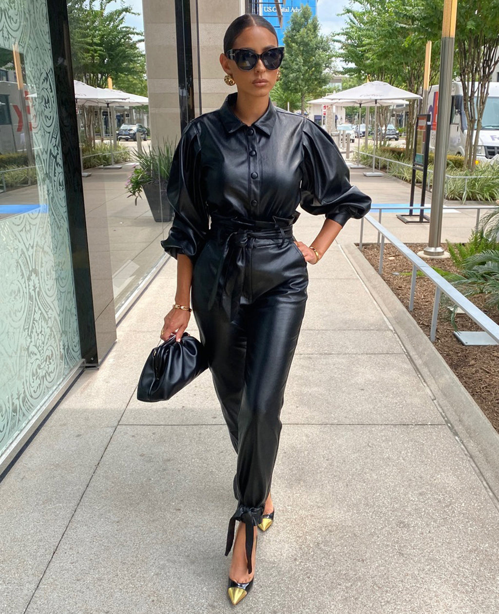 PU Leather Long-Sleeve Two-Piece Suit for Women
