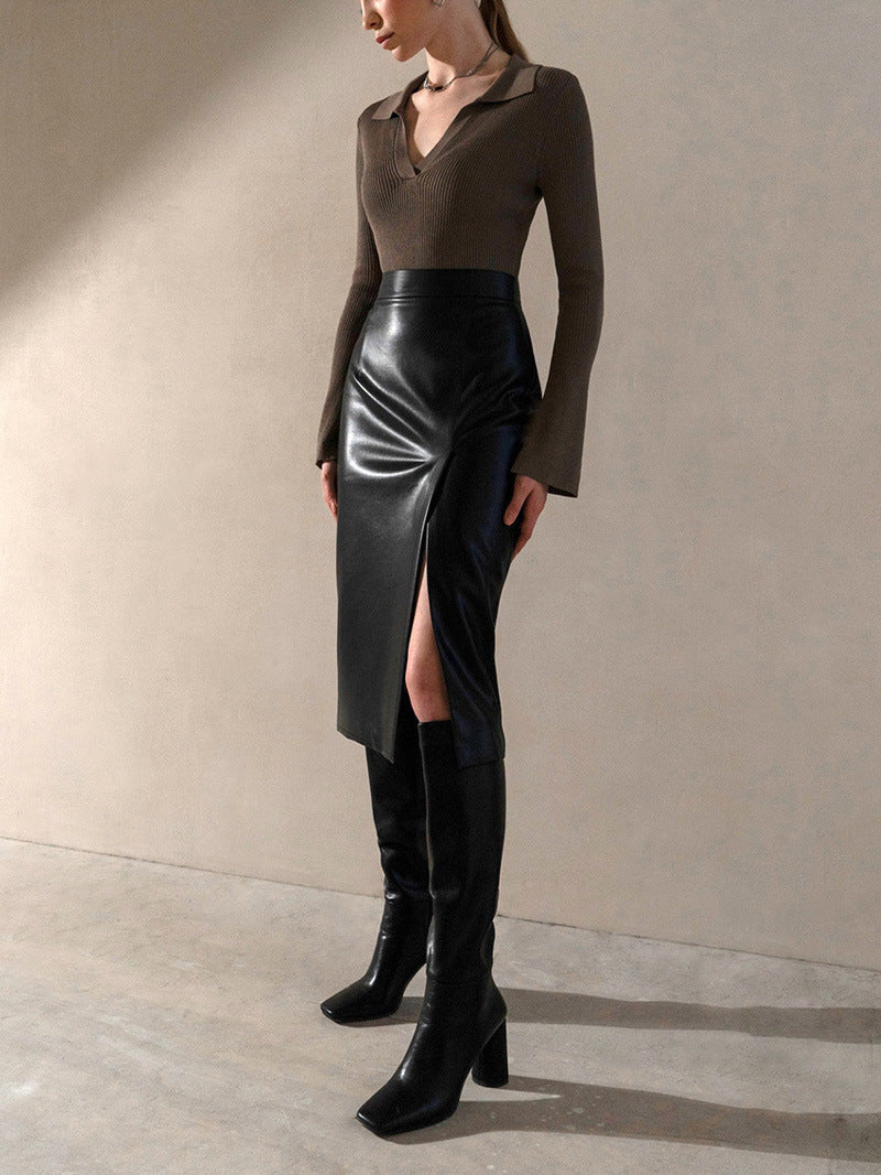 European & American High Waist Black PU Leather Split Skirt