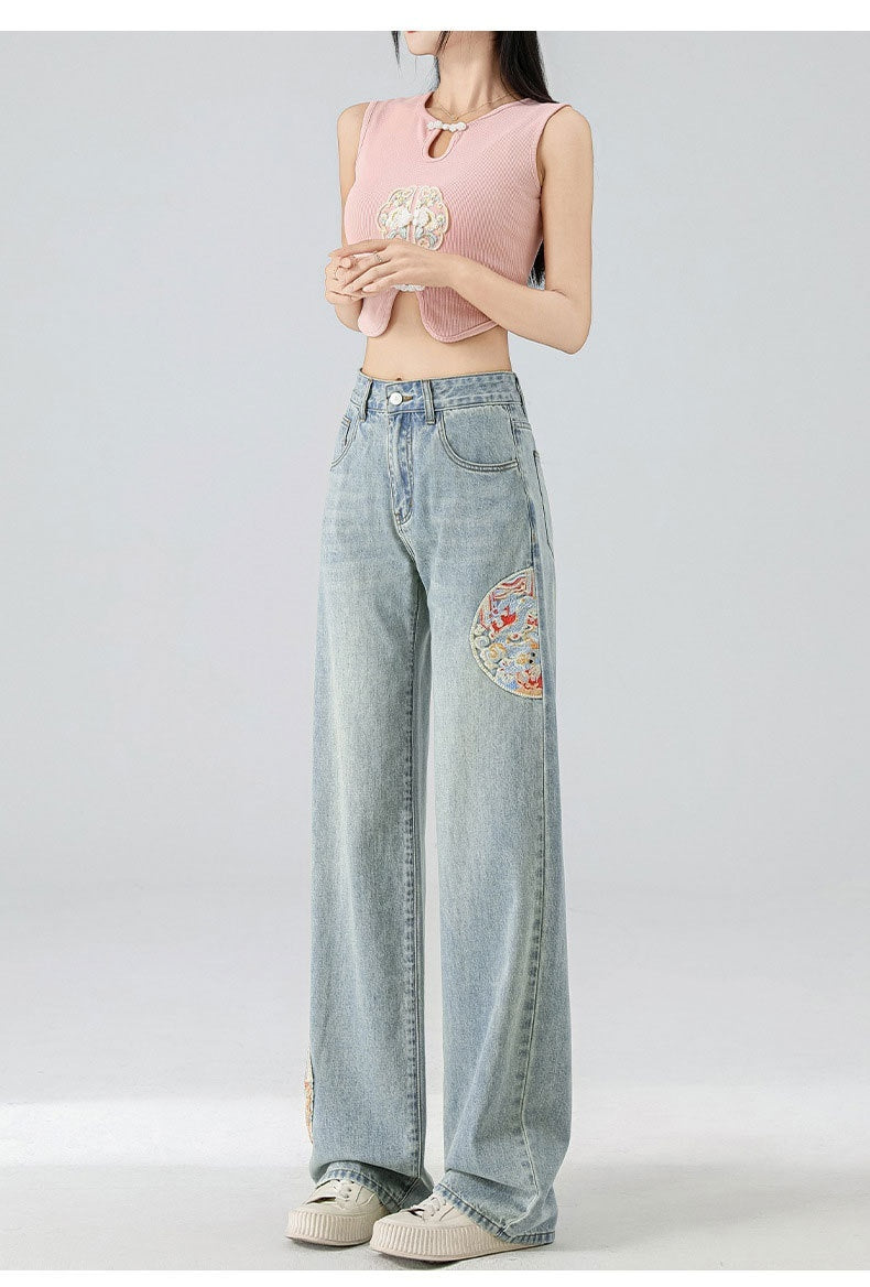 High Waist Light Blue Embroidered Wide Leg Cotton Denim Trousers