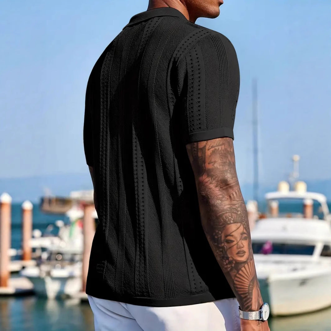 Knitted Cardigan Solid Color Breathable Men's Short-sleeved Shirt