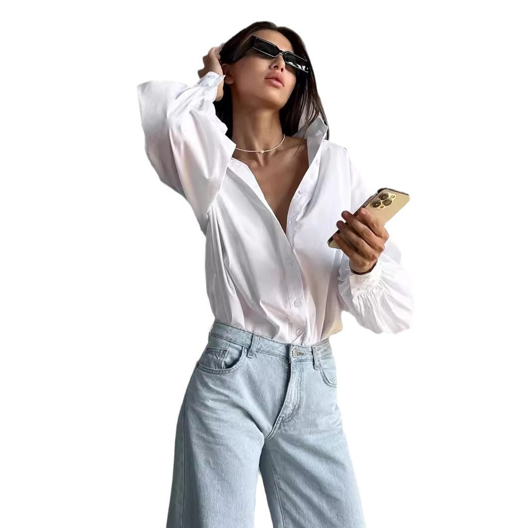 قميص نسائي بأكمام فانوس ورقبة دائرية