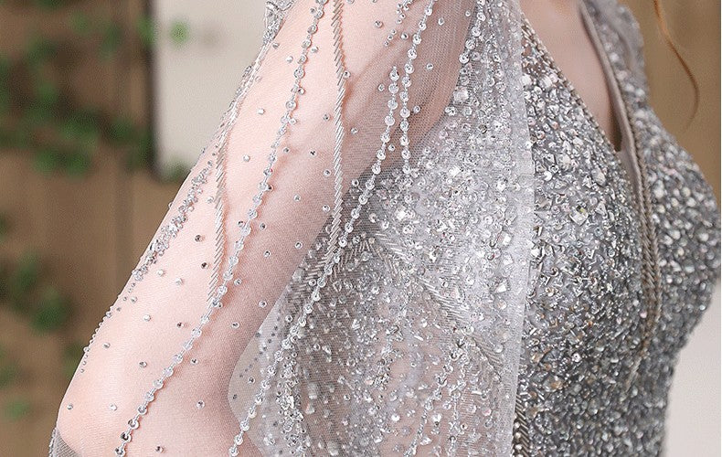 Silver Deep V-Neck Fishtail Evening Dress Slimming Banquet Gown