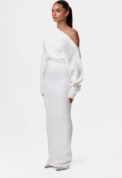 Robe de soirée moulante en maille tricotée à manches longues et col bardot