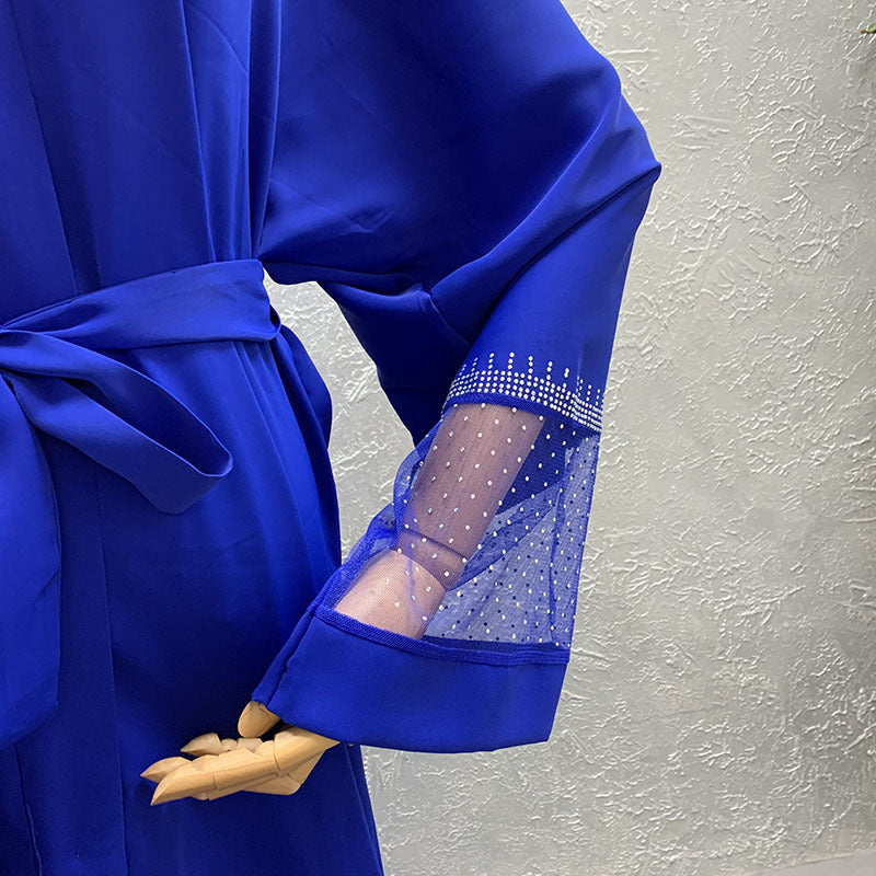 Cardigan Robe Mesh Stitching Rhinestone Loose Bat Sleeve for Middle Eastern Women XXL/3XL Black Blue Polyester
