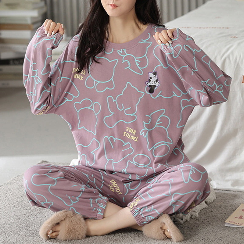 Ensemble de pyjama en coton mélangé imprimé ample pour femme - Haut à manches longues et pantalon - Vêtements de nuit et de détente pour automne et hiver
