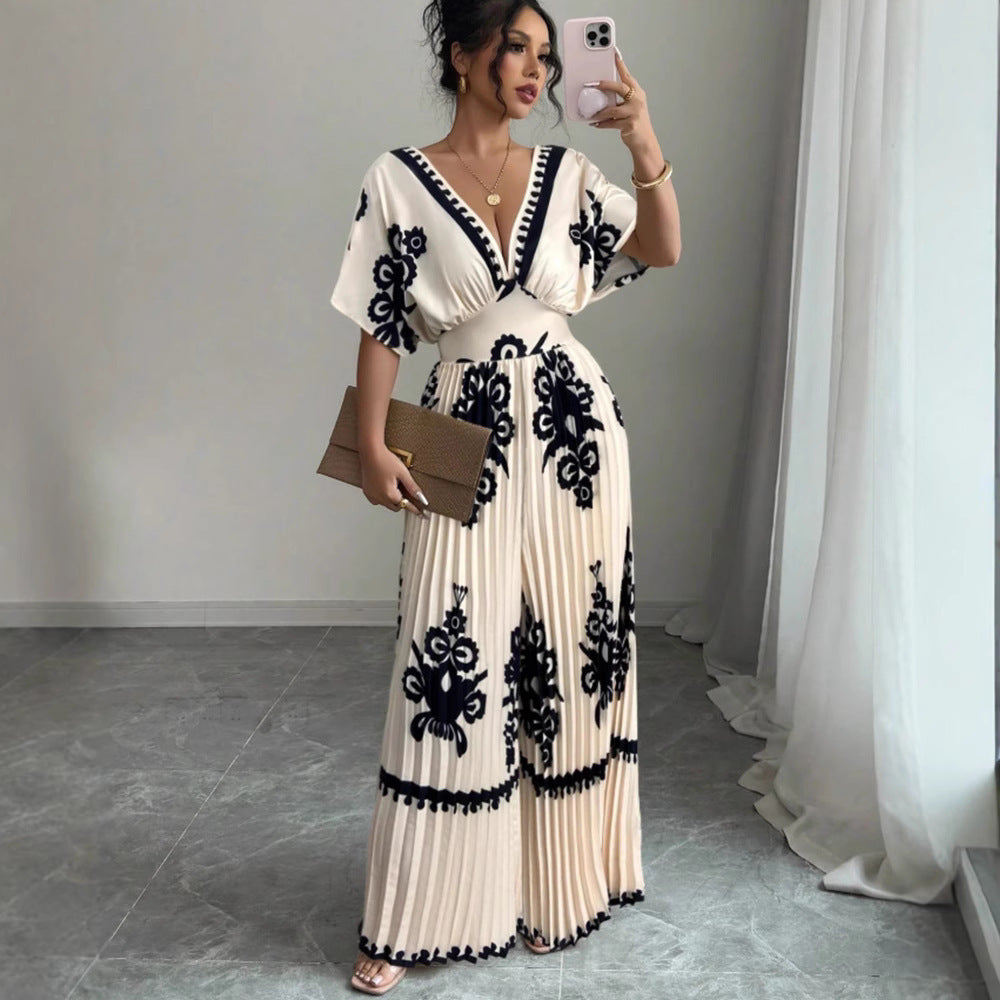 Casual Printed Pleated Loose Short-Sleeve Jumpsuit