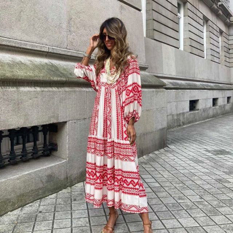 Summer Women's Vintage Bohemian Printed V-Neck Loose Long Dress Polyester