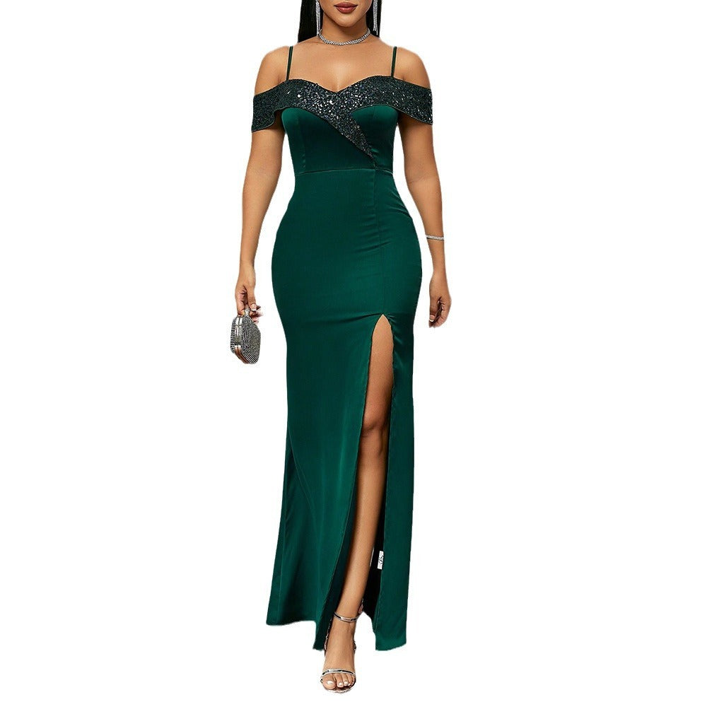 European & American Fashion Dark Green Long Sequin Dress Sleeveless