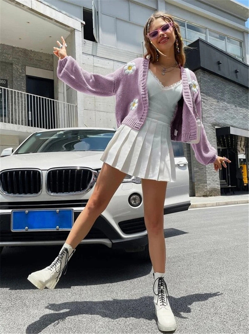 Flowers Print Knitted Cardigan Sweater