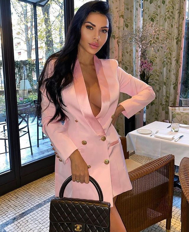 Sexy Lapel Deep V Button Long Sleeve Shoulder Pad Blazer Dress