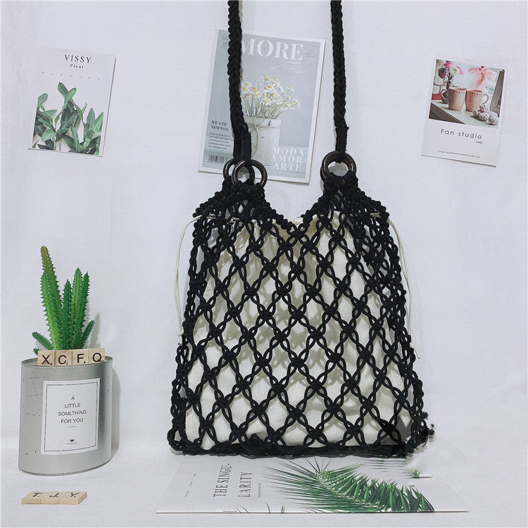 Women’s One Shoulder Straw Beach Bag with Drawstring Closure