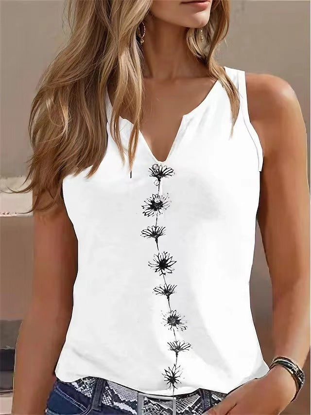 Casual Loose V-Neck Sleeveless S Print T-Shirt for Women