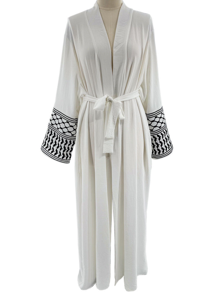 Machine Embroidery Lace-Up Pocket Cardigan Robe for Middle Eastern Women