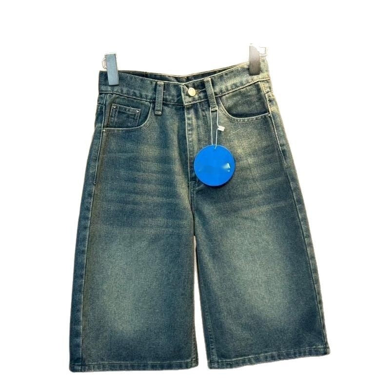 American Retro Washed Loose Fit Mid-Waist Fifth Pants for Men