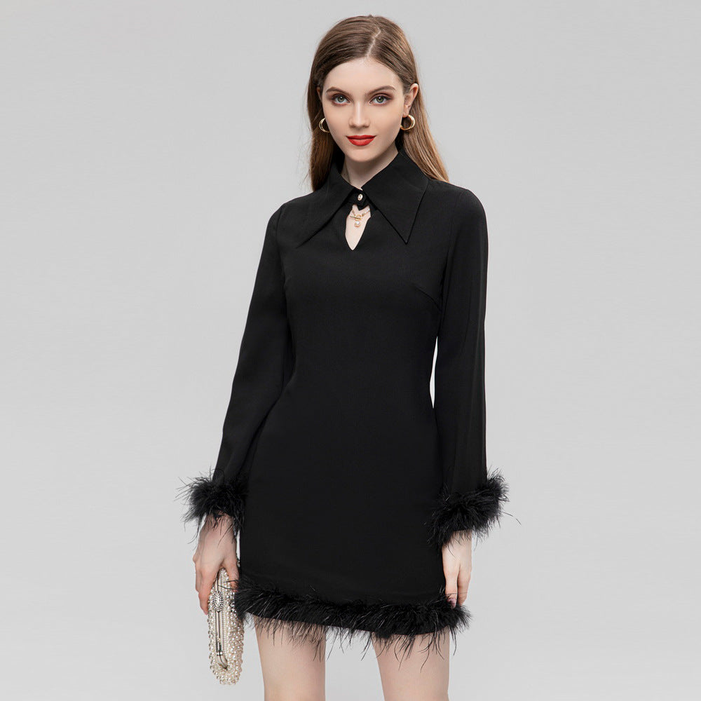 Feather Detail Long Sleeve Short Dress