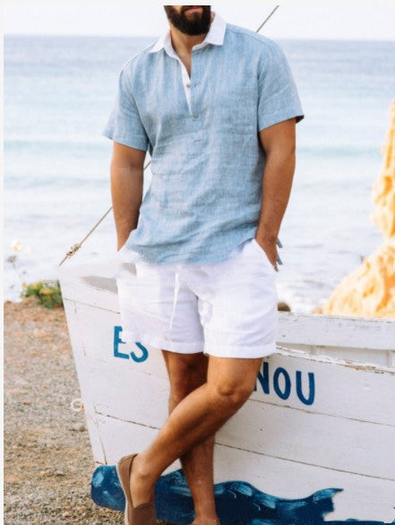 Light Blue Thin Cotton Linen Casual Lapel Shirt
