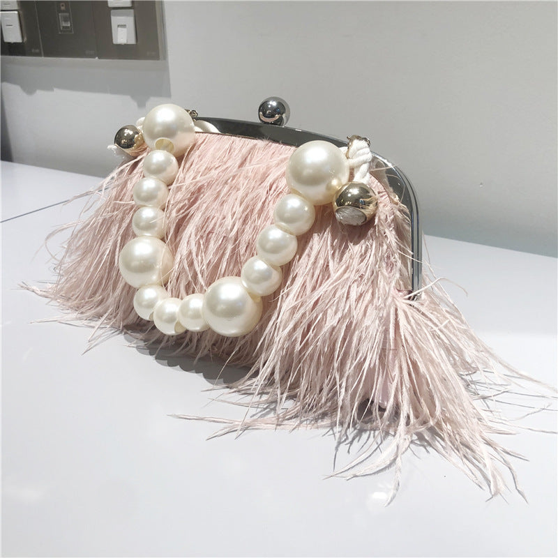 Pearl Chain Plush Messenger Bag Women's Ostrich Style Medium 22x20x4CM