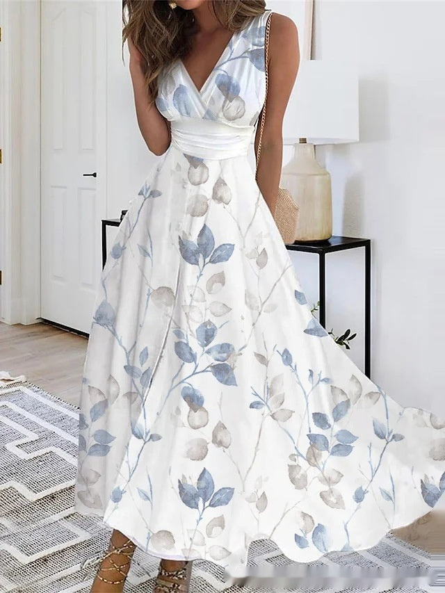 Spring Summer V-Neck Sleeveless Waist-Controlled A-Line Dress