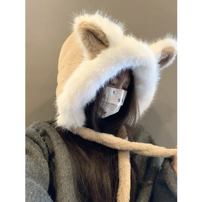 Bonnet doux oreilles de renard pour femme – Marron, Blanc crème, Abricot, Taille unique