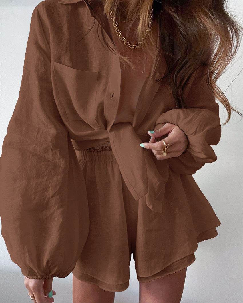 Cotton And Linen Suit Women's Long Sleeves Shorts Two-piece Set