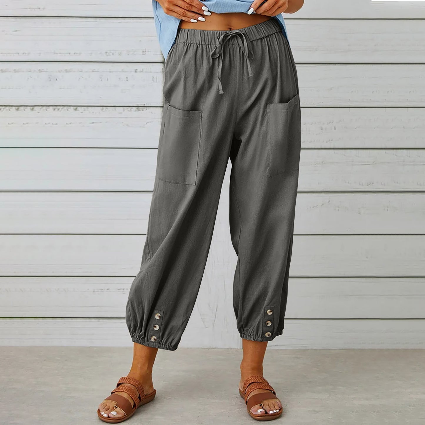 Women’s Cotton Linen Drawstring Pants With Pockets & Button - Spring Summer