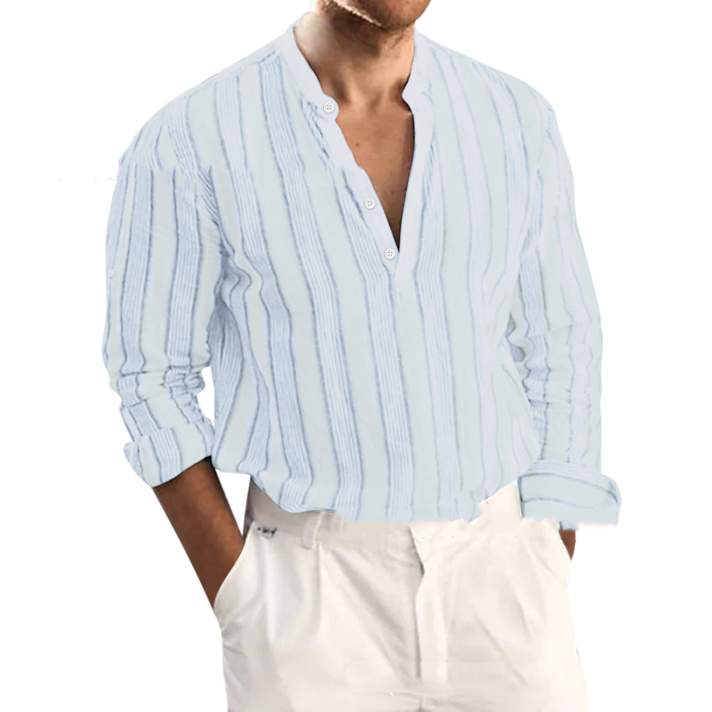 Men's White Striped Cotton Long Sleeve Stand Collar Shirt