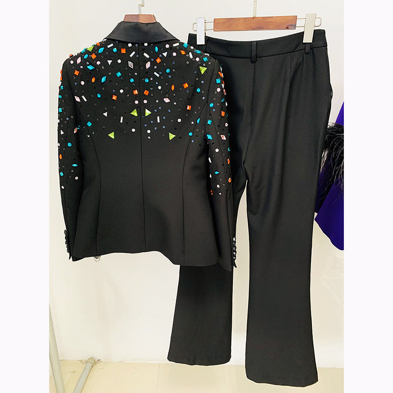 Beaded Color Diamond Two-Piece Suit Coat and Pants Black Polyester