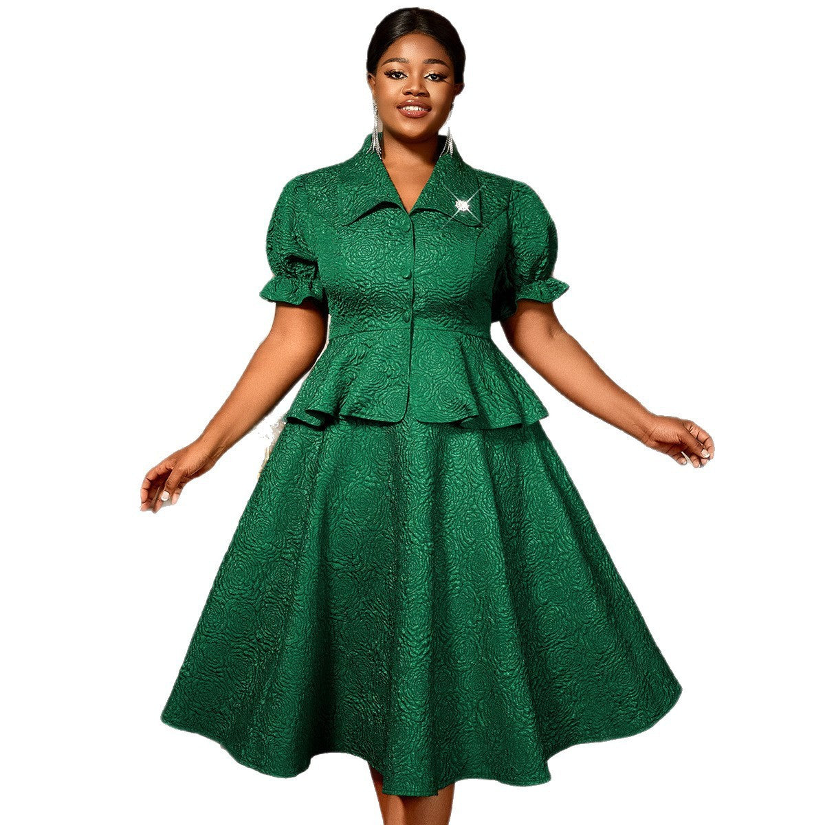 Dark Green Jacquard Lapel Button Ruffled Belly-Covering Dress