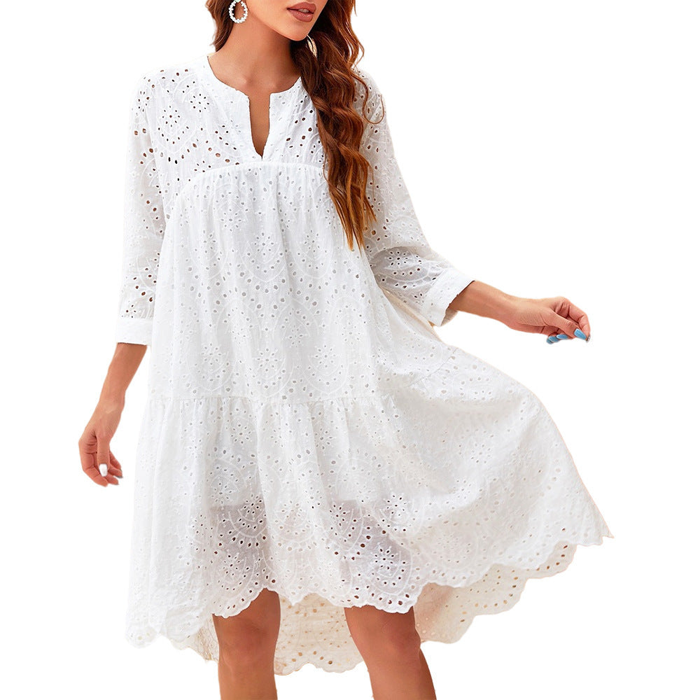 Summer White 3/4 Sleeve Lotus Leaf Print Dress