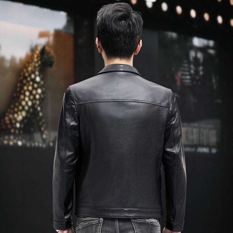 Men's Cowhide Leather Polo Collar Jacket Spring Autumn