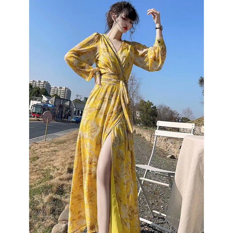 Yellow Floral V-Neck Slimming Chiffon Dress for Women