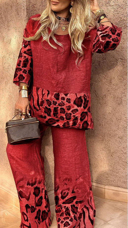Women's Casual Cool Cotton And Linen Leopard Print Printed Two-piece Suit