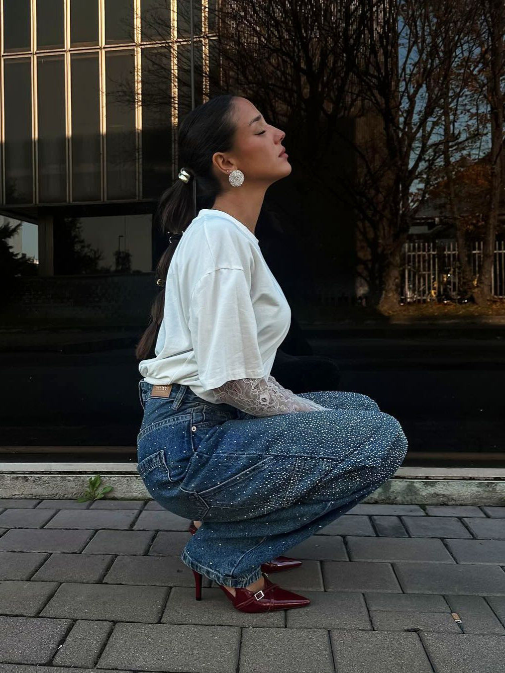 Starry Sky Rhinestone High Waist Blue Denim Straight Pants