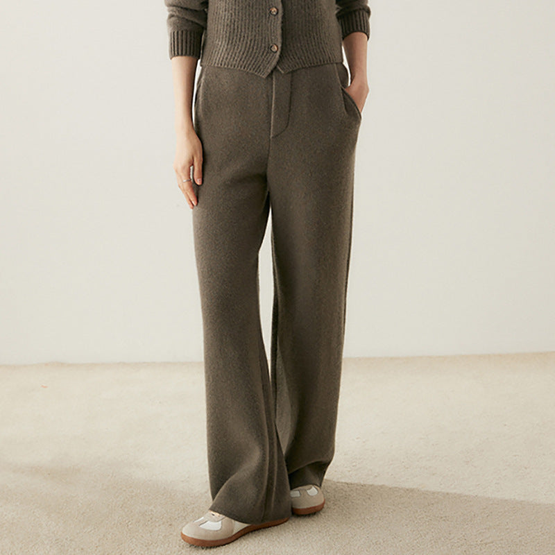 Pantalon large en cachemire tricoté épais taille haute pour femme