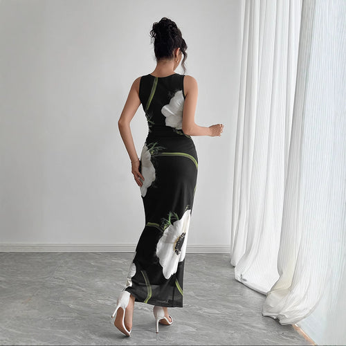 Women's Black Mesh Floral Print Sleeveless Long Dress