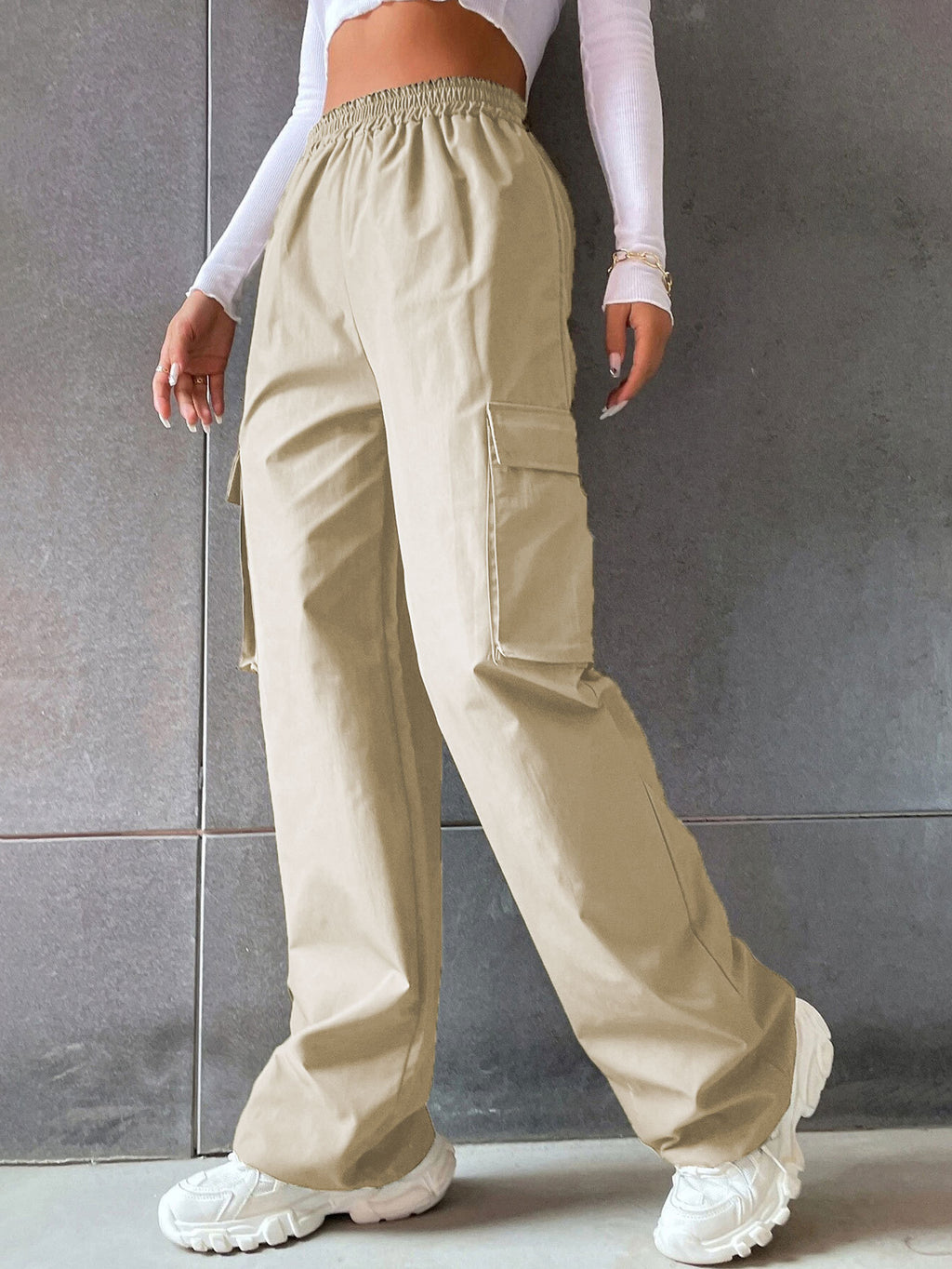 Pantalon de travail taille haute de couleur unie pour femme avec poches
