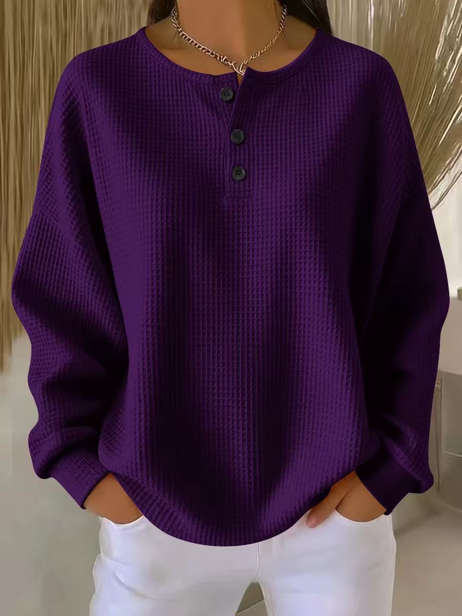 Haut pull à manches longues en tricot gaufré avec boutons, couleur unie, pour femme