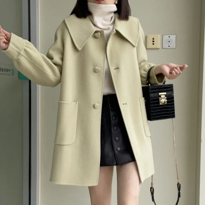 Slim Fit Medium Woolen Coat with Heart Buckle & Peter Pan Collar for Women