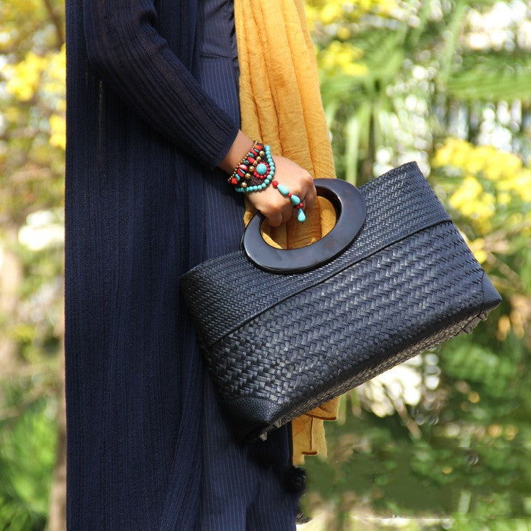 Handmade Black Straw Rattan Women's Handbag 37CM