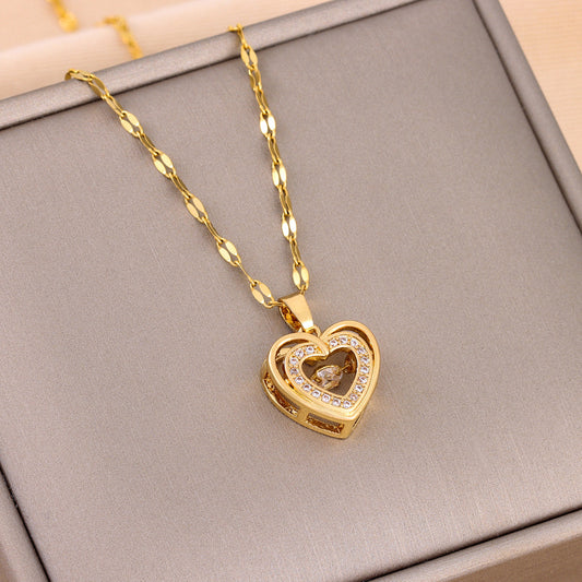 Double-layer Love Necklace With Rhinestones Titanium Steel Pendant Fashion Jewelry for ladies