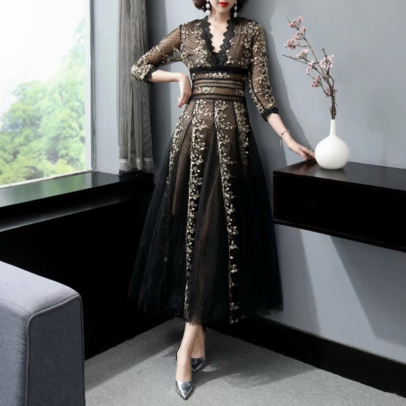 Robe de soirée arabe en maille brodée noire
