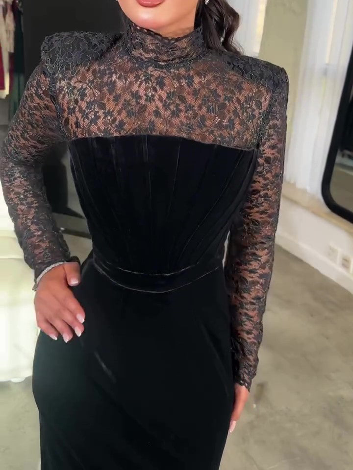 Black Lace Velvet Long Sleeve Bodycon Maxi Dress Two Piece Set