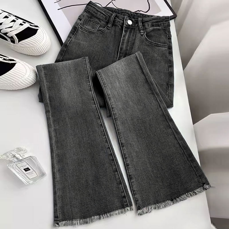 Jean skinny taille haute rétro personnalisé pour femme en bleu vintage, noir et gris